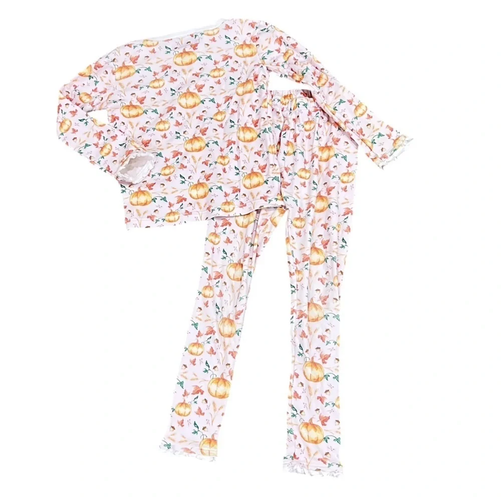 Smockingbird fall pumpkin print Pajama Set orange & White ruffle hems 5(girls)
